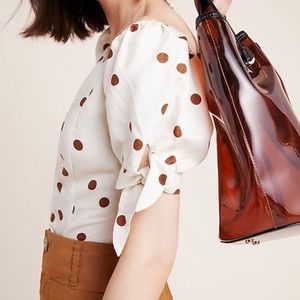 Polka dot top, cream polka dot button down.